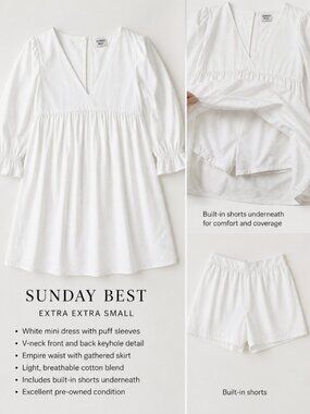 Sunday Best White Babydoll Mini Dress XXS BuiltIn Shorts Puff Sleeve Cottagecore